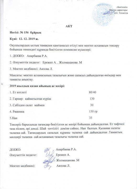 Брокераж комиссиясының желтоқсан айында асхана тексеруі