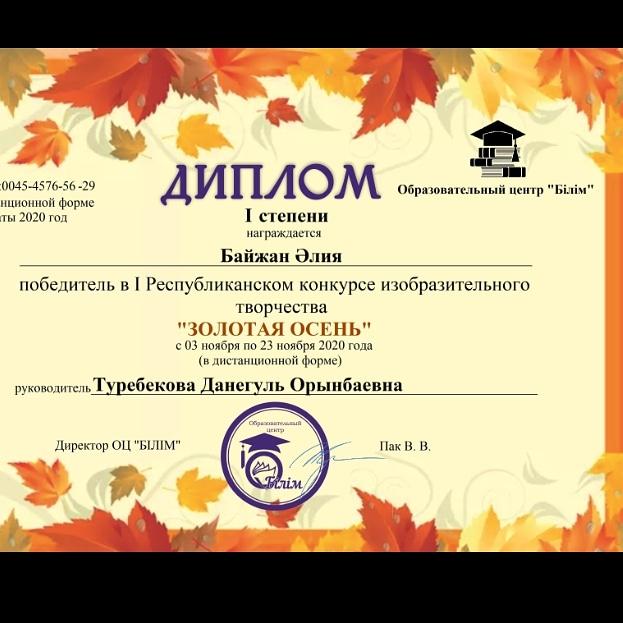 1 ші дәрежелі диплом Байжан Алия Алтын Күз атты сурет байқауының жеңімпазы