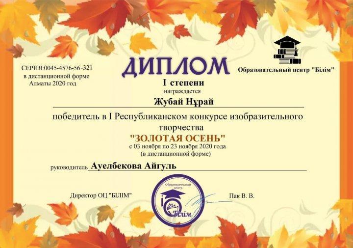 1-ші дәрежелі Диплом   Республикалық  сурет байқауының қатысушы Жұбай Нұрай