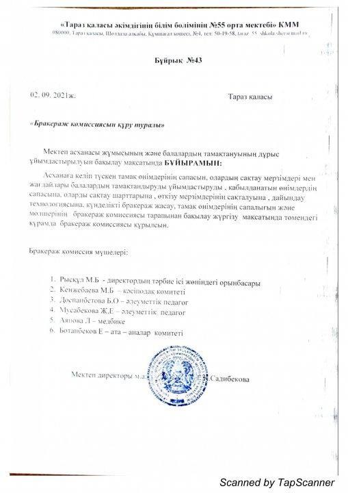 2021-2022 оқу жылына бракераж комиссиясының құрамы