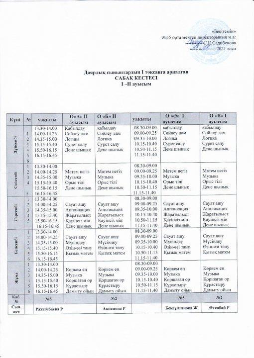 2021-2022 оқу жылының 1 жарты жылдықтағы бастауыш сынып сабақ кестесі