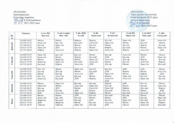 2021-2022 оқу жылындағы 5-6-7 сыныптарының 2 жарты жылдық сабақ кестесі