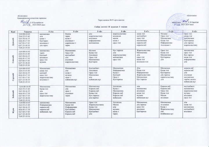 2023-2024 оқу жылындағы ІІ ауысым сыныптарының 1 тоқсан сабақ кестесі