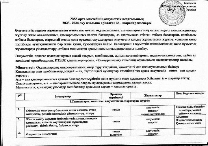 2023-2024 оқу жылына арналған әлеуметтік-педагогының іс-шаралар жоспары