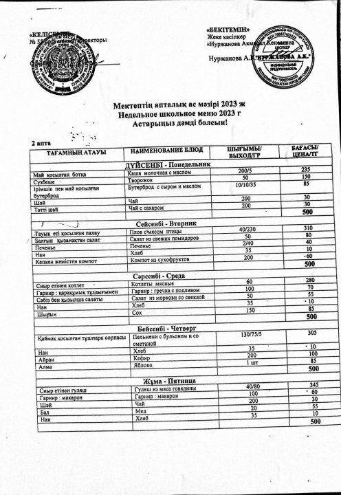 Мектептің апталық ас мәзірі қазан айы 2 апта